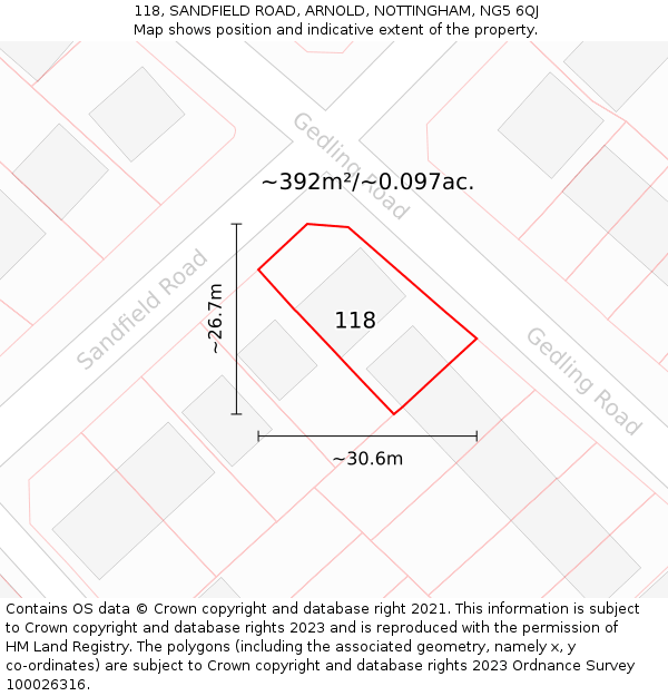 118, SANDFIELD ROAD, ARNOLD, NOTTINGHAM, NG5 6QJ: Plot and title map