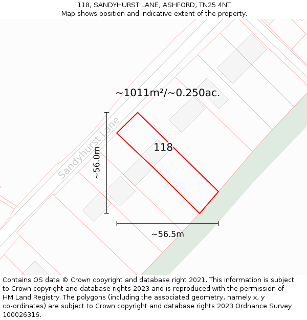 118, SANDYHURST LANE, ASHFORD, TN25 4NT: Plot and title map