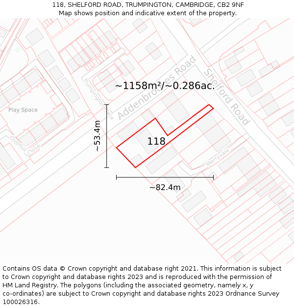 118, SHELFORD ROAD, TRUMPINGTON, CAMBRIDGE, CB2 9NF: Plot and title map