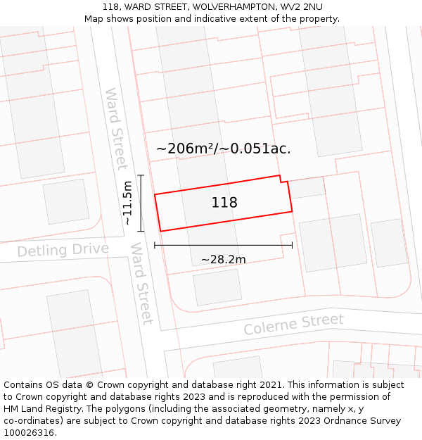 118, WARD STREET, WOLVERHAMPTON, WV2 2NU: Plot and title map