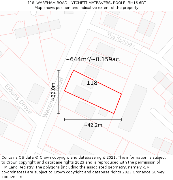118, WAREHAM ROAD, LYTCHETT MATRAVERS, POOLE, BH16 6DT: Plot and title map