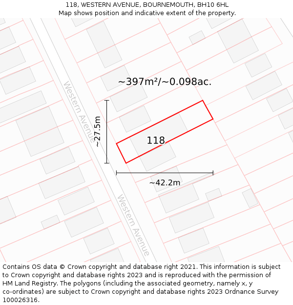 118, WESTERN AVENUE, BOURNEMOUTH, BH10 6HL: Plot and title map