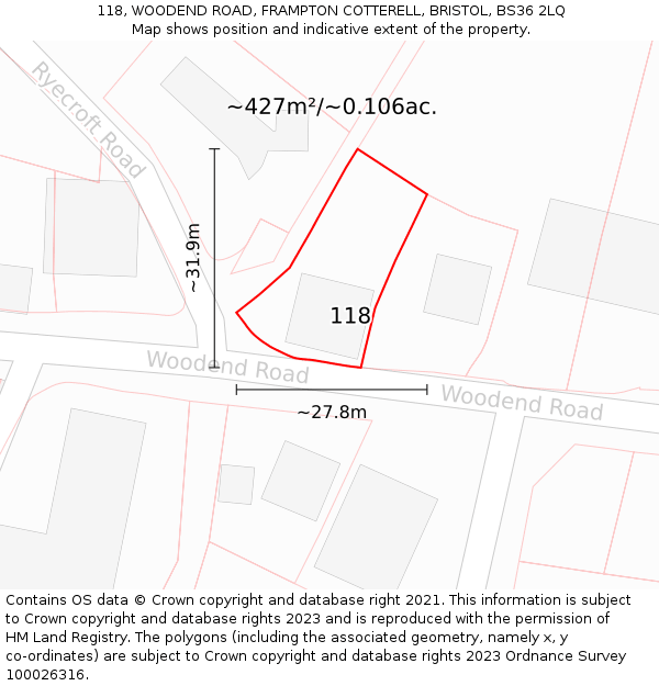 118, WOODEND ROAD, FRAMPTON COTTERELL, BRISTOL, BS36 2LQ: Plot and title map