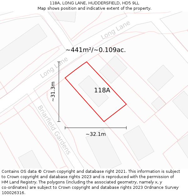 118A, LONG LANE, HUDDERSFIELD, HD5 9LL: Plot and title map