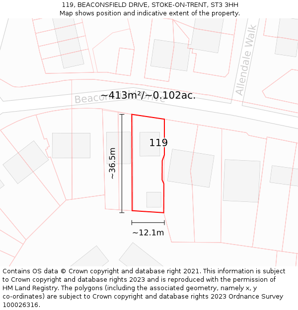 119, BEACONSFIELD DRIVE, STOKE-ON-TRENT, ST3 3HH: Plot and title map