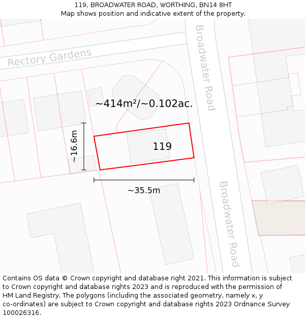 119, BROADWATER ROAD, WORTHING, BN14 8HT: Plot and title map