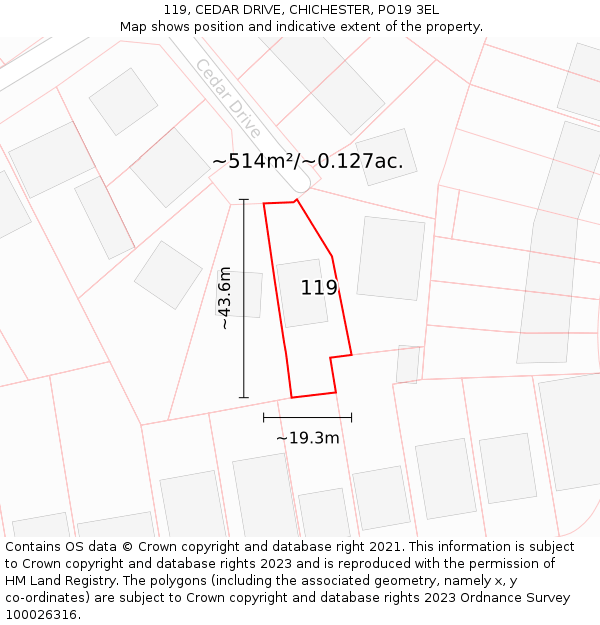 119, CEDAR DRIVE, CHICHESTER, PO19 3EL: Plot and title map