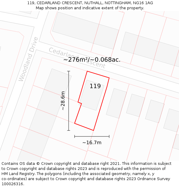 119, CEDARLAND CRESCENT, NUTHALL, NOTTINGHAM, NG16 1AG: Plot and title map