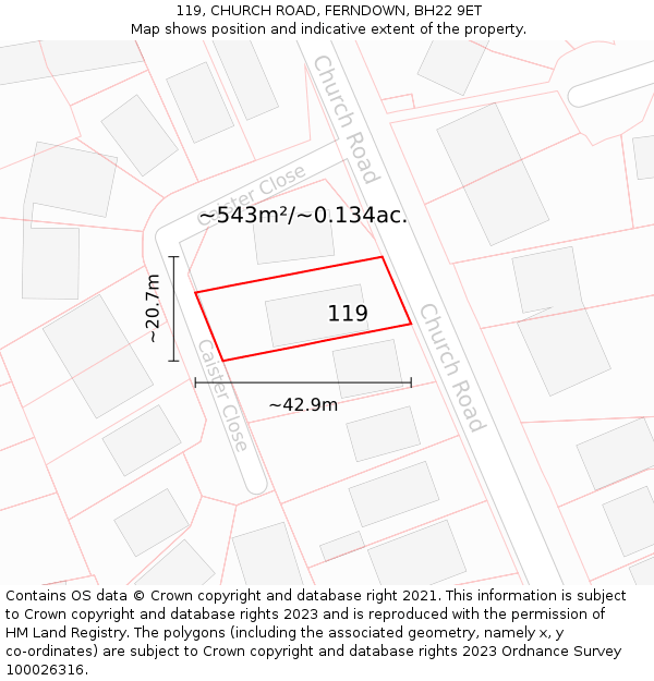 119, CHURCH ROAD, FERNDOWN, BH22 9ET: Plot and title map