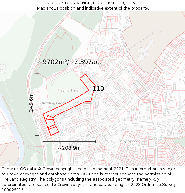 119, CONISTON AVENUE, HUDDERSFIELD, HD5 9PZ: Plot and title map