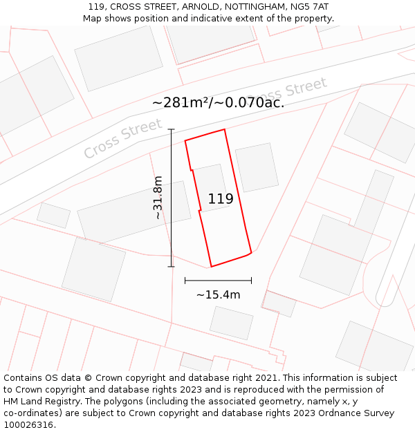 119, CROSS STREET, ARNOLD, NOTTINGHAM, NG5 7AT: Plot and title map