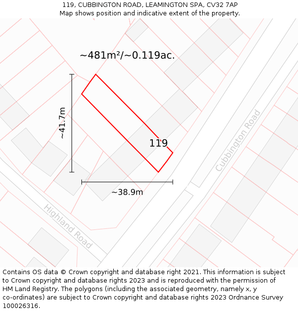 119, CUBBINGTON ROAD, LEAMINGTON SPA, CV32 7AP: Plot and title map