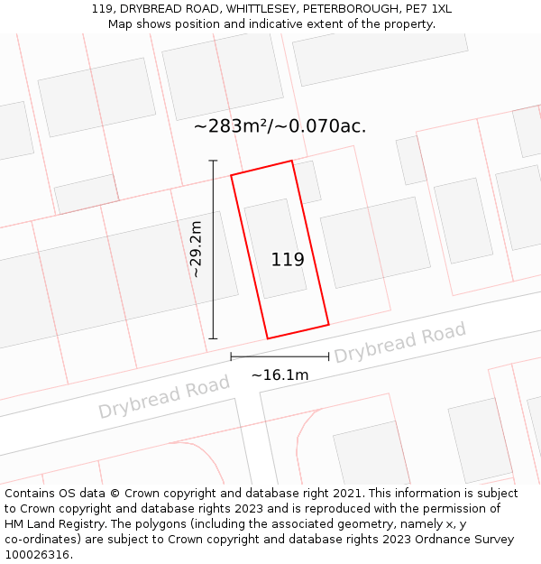 119, DRYBREAD ROAD, WHITTLESEY, PETERBOROUGH, PE7 1XL: Plot and title map