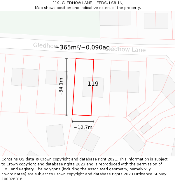 119, GLEDHOW LANE, LEEDS, LS8 1NJ: Plot and title map