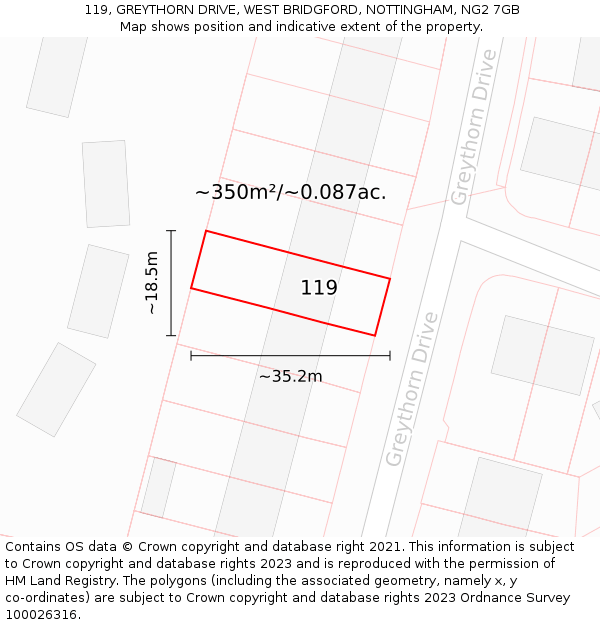 119, GREYTHORN DRIVE, WEST BRIDGFORD, NOTTINGHAM, NG2 7GB: Plot and title map