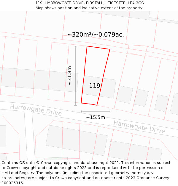 119, HARROWGATE DRIVE, BIRSTALL, LEICESTER, LE4 3GS: Plot and title map