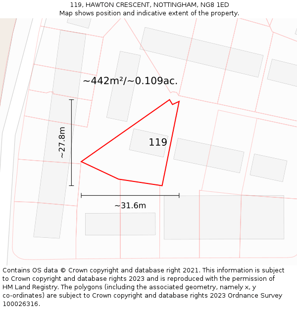 119, HAWTON CRESCENT, NOTTINGHAM, NG8 1ED: Plot and title map