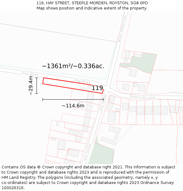 119, HAY STREET, STEEPLE MORDEN, ROYSTON, SG8 0PD: Plot and title map