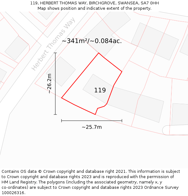 119, HERBERT THOMAS WAY, BIRCHGROVE, SWANSEA, SA7 0HH: Plot and title map