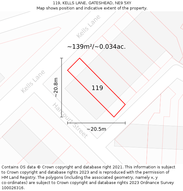 119, KELLS LANE, GATESHEAD, NE9 5XY: Plot and title map