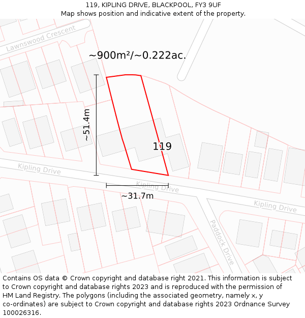 119, KIPLING DRIVE, BLACKPOOL, FY3 9UF: Plot and title map