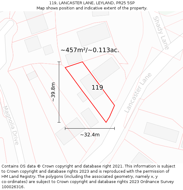 119, LANCASTER LANE, LEYLAND, PR25 5SP: Plot and title map