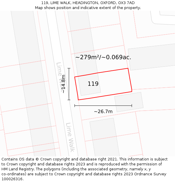 119, LIME WALK, HEADINGTON, OXFORD, OX3 7AD: Plot and title map