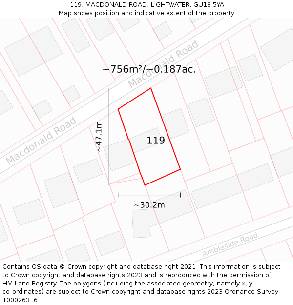 119, MACDONALD ROAD, LIGHTWATER, GU18 5YA: Plot and title map