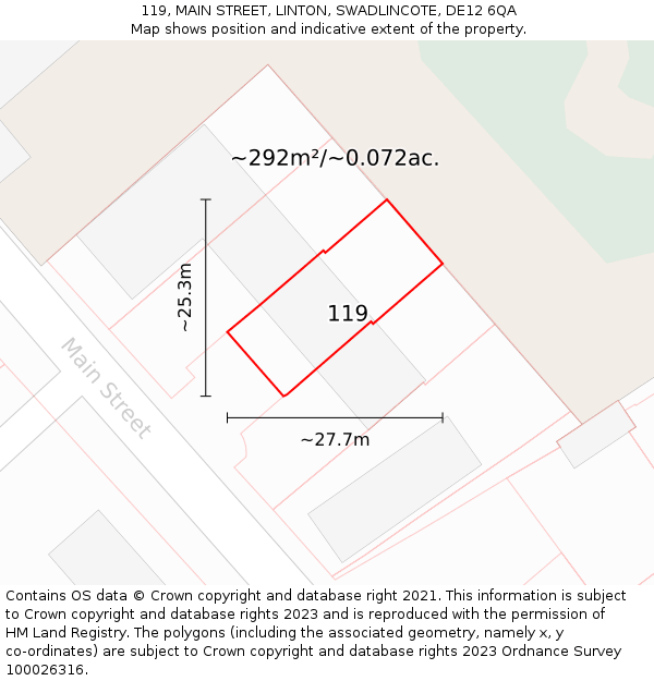 119, MAIN STREET, LINTON, SWADLINCOTE, DE12 6QA: Plot and title map