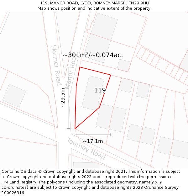 119, MANOR ROAD, LYDD, ROMNEY MARSH, TN29 9HU: Plot and title map