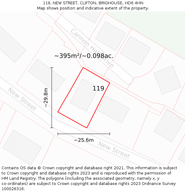 119, NEW STREET, CLIFTON, BRIGHOUSE, HD6 4HN: Plot and title map