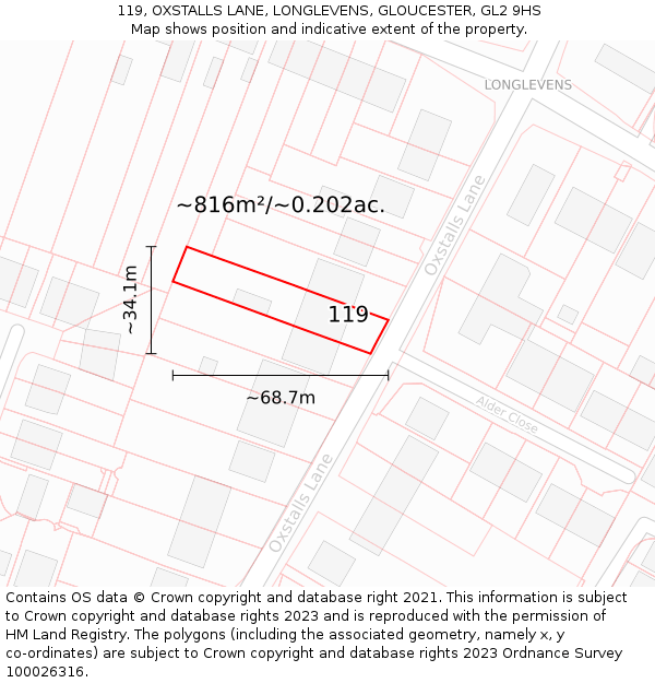 119, OXSTALLS LANE, LONGLEVENS, GLOUCESTER, GL2 9HS: Plot and title map