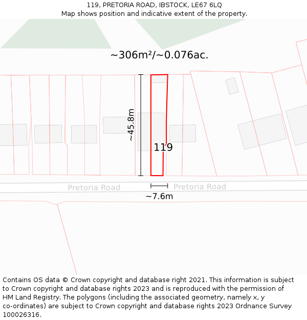 119, PRETORIA ROAD, IBSTOCK, LE67 6LQ: Plot and title map