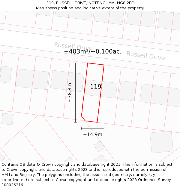 119, RUSSELL DRIVE, NOTTINGHAM, NG8 2BD: Plot and title map