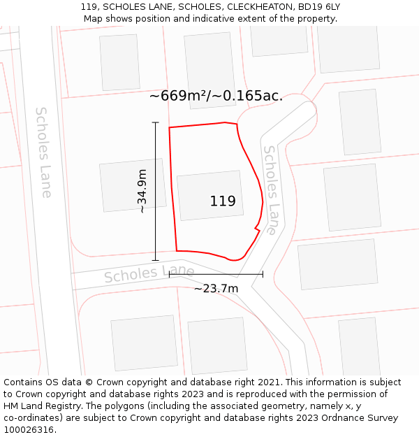 119, SCHOLES LANE, SCHOLES, CLECKHEATON, BD19 6LY: Plot and title map