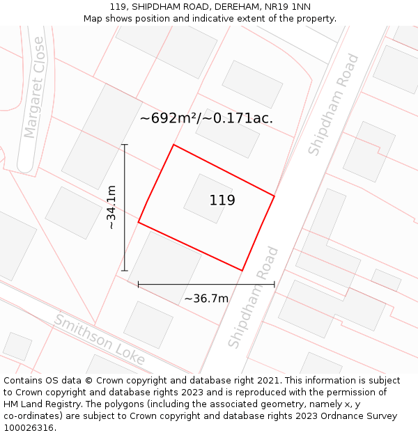 119, SHIPDHAM ROAD, DEREHAM, NR19 1NN: Plot and title map