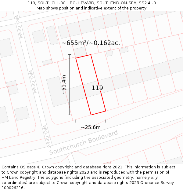 119, SOUTHCHURCH BOULEVARD, SOUTHEND-ON-SEA, SS2 4UR: Plot and title map