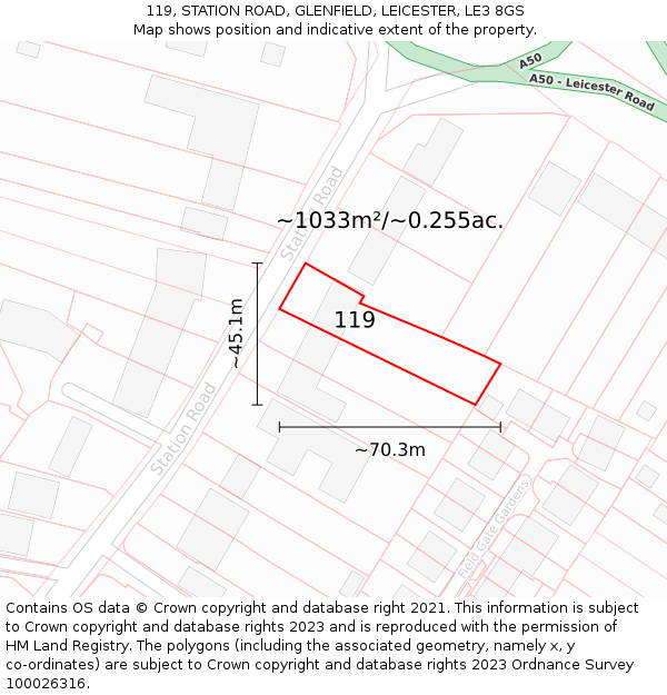 119, STATION ROAD, GLENFIELD, LEICESTER, LE3 8GS: Plot and title map