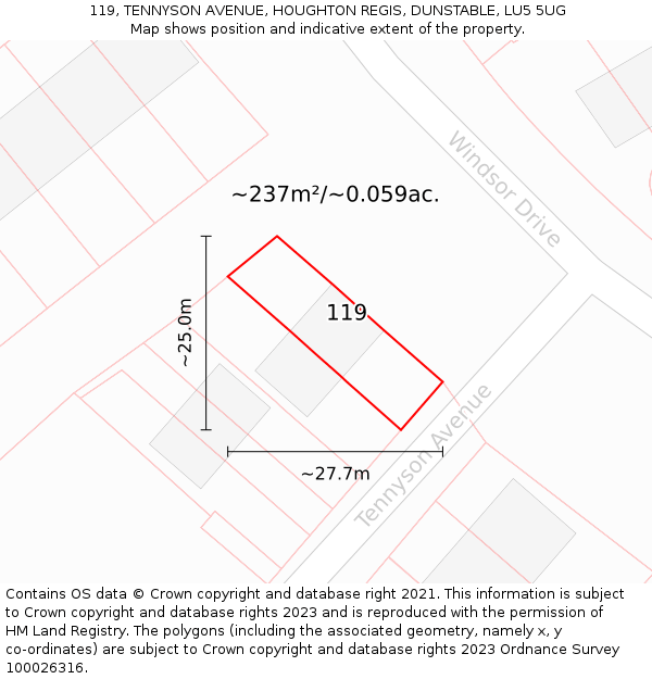 119, TENNYSON AVENUE, HOUGHTON REGIS, DUNSTABLE, LU5 5UG: Plot and title map