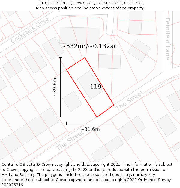 119, THE STREET, HAWKINGE, FOLKESTONE, CT18 7DF: Plot and title map