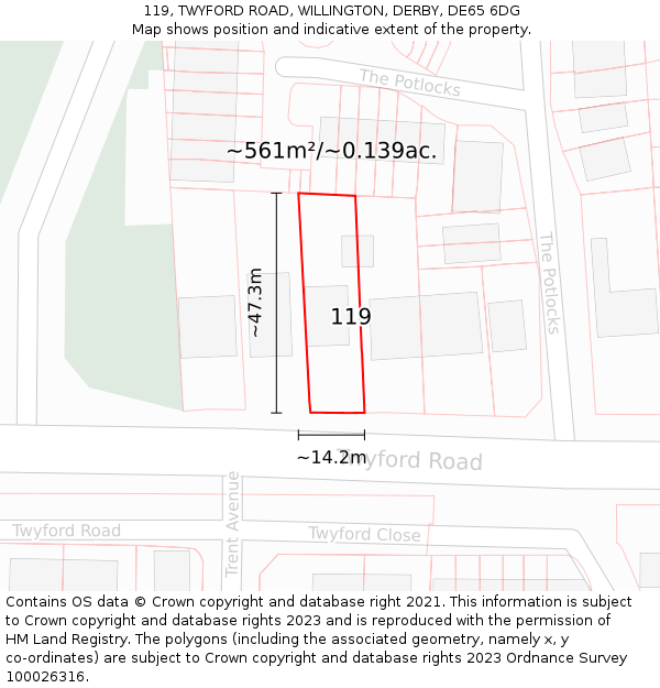 119, TWYFORD ROAD, WILLINGTON, DERBY, DE65 6DG: Plot and title map