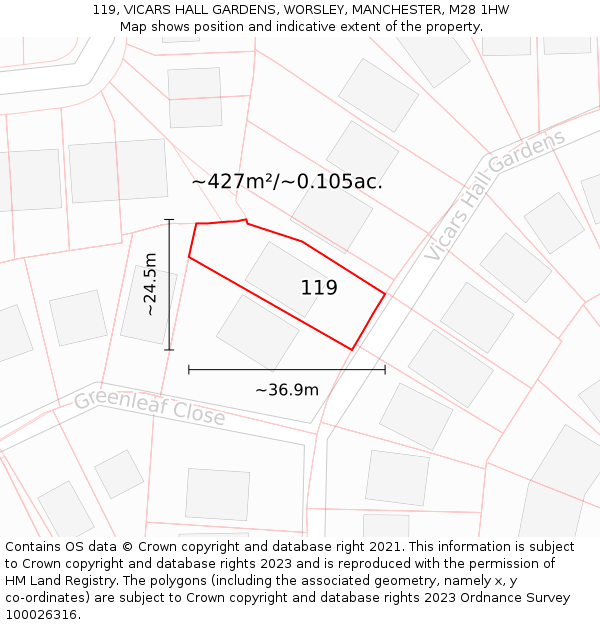 119, VICARS HALL GARDENS, WORSLEY, MANCHESTER, M28 1HW: Plot and title map