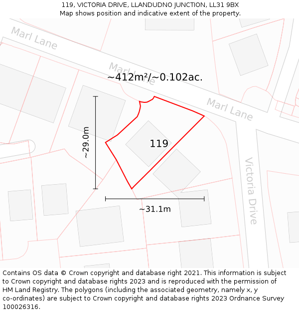 119, VICTORIA DRIVE, LLANDUDNO JUNCTION, LL31 9BX: Plot and title map