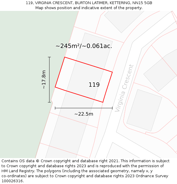 119, VIRGINIA CRESCENT, BURTON LATIMER, KETTERING, NN15 5GB: Plot and title map