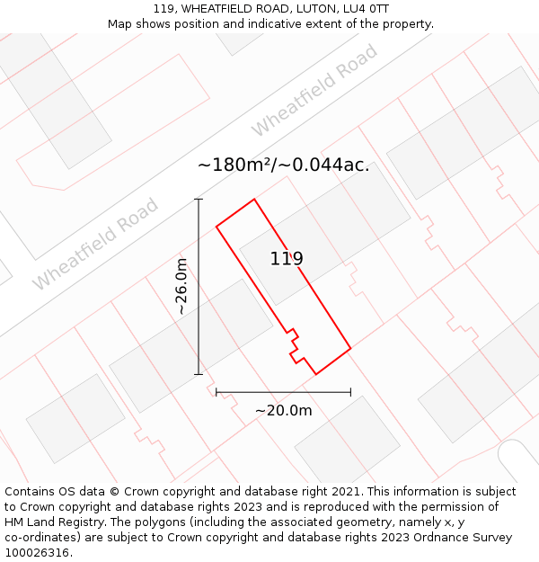 119, WHEATFIELD ROAD, LUTON, LU4 0TT: Plot and title map