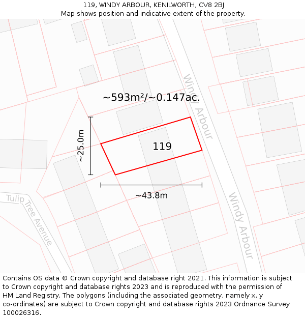 119, WINDY ARBOUR, KENILWORTH, CV8 2BJ: Plot and title map