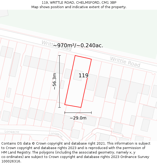 119, WRITTLE ROAD, CHELMSFORD, CM1 3BP: Plot and title map