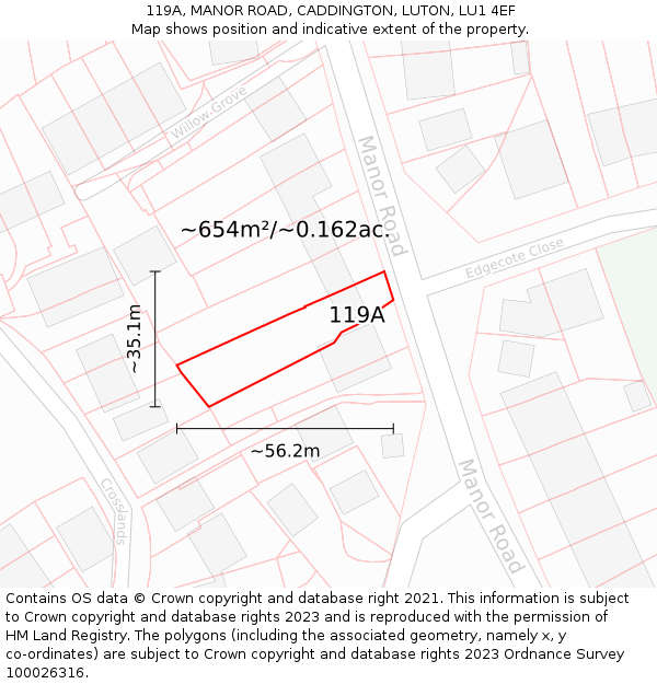 119A, MANOR ROAD, CADDINGTON, LUTON, LU1 4EF: Plot and title map