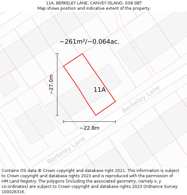 11A, BERKELEY LANE, CANVEY ISLAND, SS8 0BT: Plot and title map