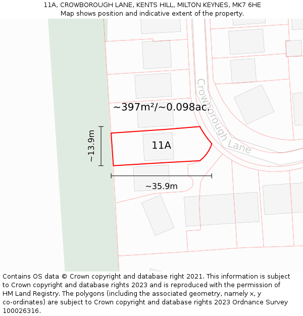 11A, CROWBOROUGH LANE, KENTS HILL, MILTON KEYNES, MK7 6HE: Plot and title map